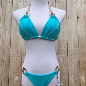Turquoise Halter Bikini Set with Braided Straps - Women Swim